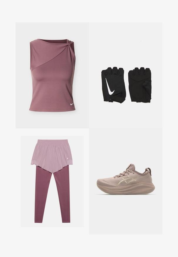 Ærmeløs mauve atletictop med asymmetrisk halsudskæring og lille hvid Nike-logo på nederste venstre side.; Pinky lagdelte shorts over maroon leggings, med et flydende, gennemsigtigt top-lag. Smalt talje med elastik og synlige afslutningssømme.; Lyserød løbesko med et strømlinet design, tekstureret overdel og en puffet sål. Har et logo og et minimalistisk snøresystem.; Sorte fingerløse træningshandsker lavet af åndbart stof, med et hvidt Nike-logo, polstrede håndflader og et åbent håndledsdesign for fleksibilitet.