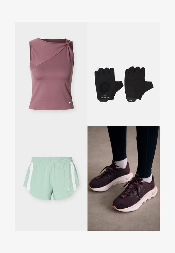 Ærmeløs mauve atletictop med asymmetrisk halsudskæring og lille hvid Nike-logo på nederste venstre side.; Lysegrønne atletikshorts med hvide sidelister og elastisk talje, med et lille hvidt Nike-logo foran.; Mørkerøde sportssko med en tekstureret strikoverdel, hvid sål og sort Nike-logo. Har runde snørebånd og mønstrede snørehuller.; Sorte fingerløse handsker med et tekstureret design. Lavet af et åndbart materiale, med en tommelfingeråbning og forstærket håndflade for bedre greb.