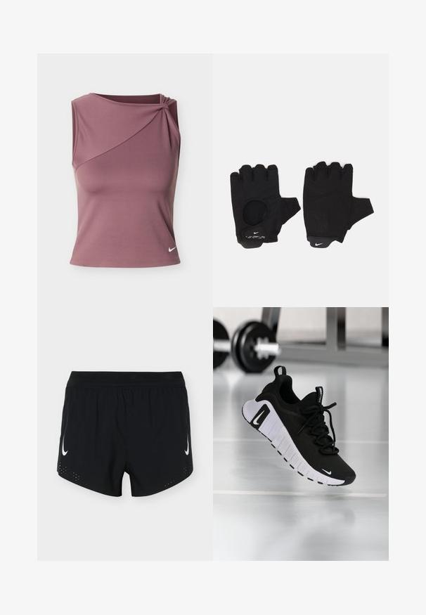 Haut de sport sans manches mauve avec encolure asymétrique et petit logo Nike blanc en bas à gauche.; Shorts de sport noirs avec une ceinture élastique, logos Nike swoosh blancs sur les deux jambes, et petits trous de ventilation près de l'ourlet.; Chaussure de sport noire avec une tige en tissu texturé, une semelle blanche et un système de laçage prononcé. Présente un logo Nike et un design doux et rembourré.; Gants sans doigts noirs avec un design texturé. Fabriqués en matériau respirant, dotés d'un trou pour le pouce et d'une paume renforcée pour une meilleure prise.