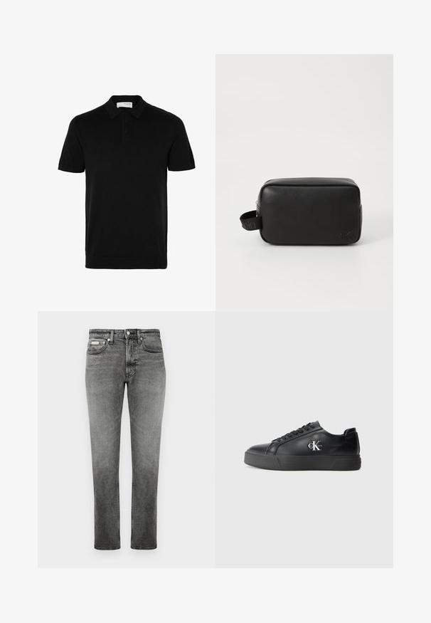 Schwarzes Poloshirt aus feinem Strickstoff, mit klassischem Kragen, Dreiknopfverschluss und kurzen Ärmeln. Rippdetails am Saum.; Graue gerade geschnittene Jeans aus Denim mit Vordertaschen, Gürtelschlaufen, Knopfverschluss und dezenten Ausbleichungen.; Schwarze Ledersneaker mit abgerundeter Zehenpartie, flacher schwarzer Sohle und tonaler Schnürung. Mit einem silbernen Logo an der Seite, durchgehend glatte Textur.; Schwarzledernes Kulturbeutel mit rechteckiger Form, strukturiertem Oberflächen, Reißverschlussverschluss und einem seitlichen Griff mit Logo-Akzent.