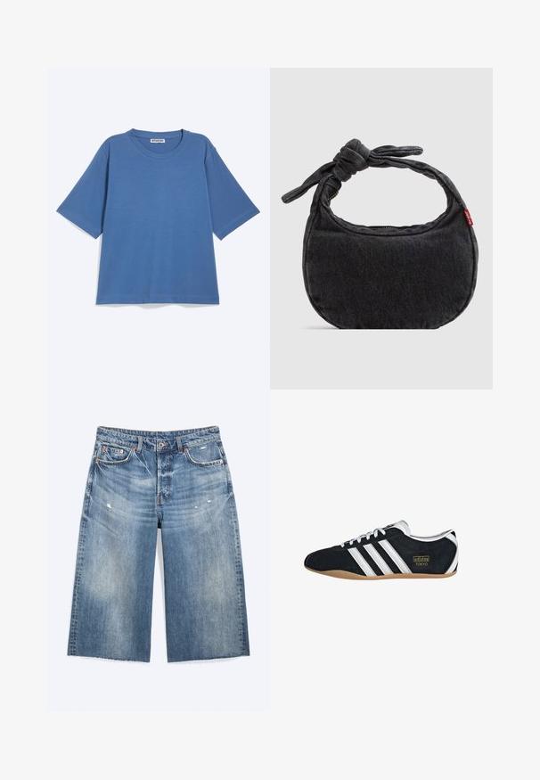 Blauw katoenen T-shirt met korte mouwen, ronde hals en label "WEEKDAY" aan de binnenkant van de kraag tegen een witte achtergrond.; Blauwe denim knielange shorts met lichte slijtage, voorzakken, riemlussen en een knoopsluiting.; Zwarte suède sneaker met witte drie strepen, gouden logo en een bruine rubberen zool. Heeft een laag profiel vetersluiting ontwerp.; Kleine zwarte denim schoudertas met een gestrikte riem en ritssluiting, met een rood Levi's stoffen label aan de zijkant.