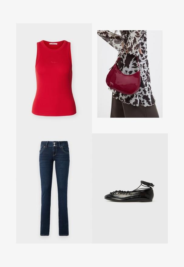 Rode, mouwloze geribbelde tanktop met ronde hals en subtiel geborduurd logo op de borst, afgebeeld tegen een effen achtergrond.; Donkerblauwe skinny jeans met dubbele knoopsluiting, voorzakken en gele stiksel op een witte achtergrond.; Zwarte ballerina's van lakleer met een afgeronde neus, veterdesign en een platte zool. Glad oppervlak met minimale details.; Vrouw met een zwart-wit gebloemde blouse houdt een glanzende rode schoudertas vast tegen een effen achtergrond.