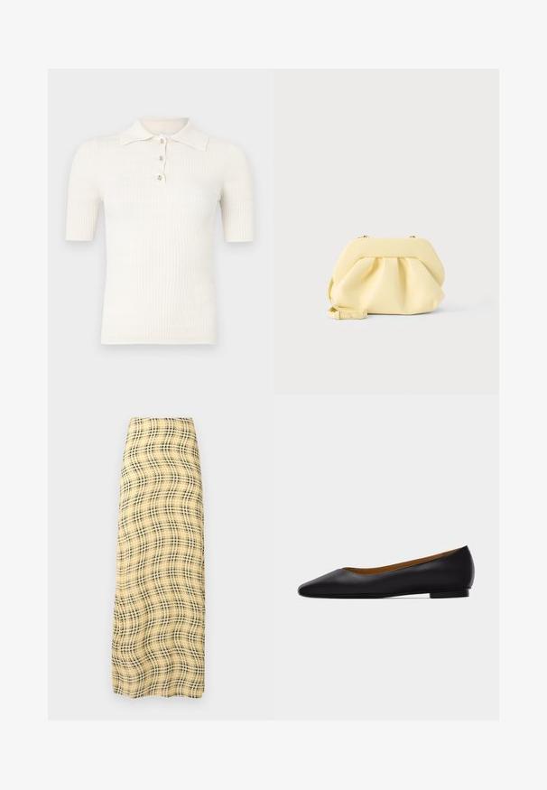 Polo crème côtelé à manches courtes, doté d'un col plat et de trois boutons décoratifs au niveau de l'encolure. Texture lisse.; Rabanne Jupe longue - green/yellow/cream; Chaussure plate en cuir noir à bout pointu avec talon bas et finition lisse, vue de côté sur un fond gris clair.; Pochette en cuir jaune doux avec un design froncé et une bandoulière amovible, posée sur un fond clair uni.