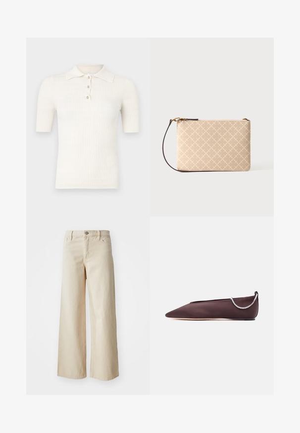 Cremefarbener, gerippter Polo mit kurzen Ärmeln, ausgestattet mit einem flachen Kragen und drei dekorativen Knöpfen am Ausschnitt. Glatte Textur.; Beige weite Jeans aus Denim, mit hoher Taille, Knopfverschluss, Gürtelschlaufen und Seitentaschen. Glatte Textur und bequemer Schnitt.; Dunkelbrauner flacher Schuh mit spitz zulaufender Spitze, niedrigem Absatz und einer silbernen Strasssteinkette auf der Rückseite.; Beige rechteckiges Handgelenktäschchen mit leichtem Kreuzschraffurmuster, goldenem Reißverschluss und dunkelbraunem Riemen, der an einer Ecke befestigt ist.