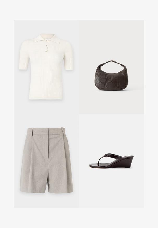 Kremfarvet ribbet polo med korte ærmer, der har en flad krave og tre dekorative knapper ved halsudskæringen. Glat tekstur.; By Malene Birger POVILLE - Shorts - grey brown; Brun patentlæder kile-sandal med tåremme og åben tå, vist i sideprofil på en ensfarvet baggrund.; Lille mørkebrun tekstureret håndtaske med kort rem og afrundet bund på en ensfarvet lys baggrund.