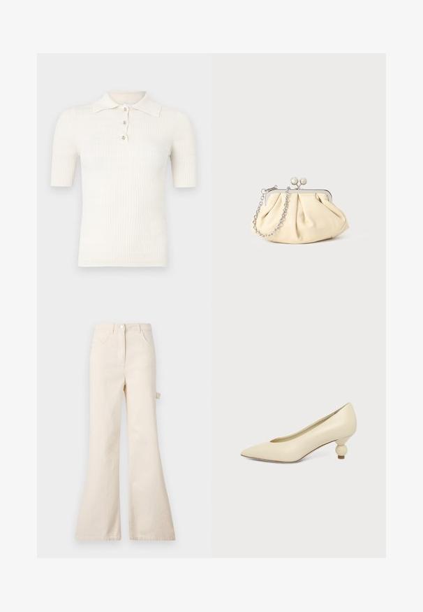Polo crème côtelé à manches courtes, doté d'un col plat et de trois boutons décoratifs au niveau de l'encolure. Texture lisse.; Jean beige évasé en coton avec taille haute, présentant une fermeture à bouton, cinq poches et un détail de boucle sur le côté.; Chaussure femme couleur crème à bout pointu avec un petit talon rond en forme de boule, sur fond uni.; Pochette en cuir beige plissé avec un cadre en métal argenté, dotée de deux fermoirs ronds décoratifs et d'une chaîne en argent.