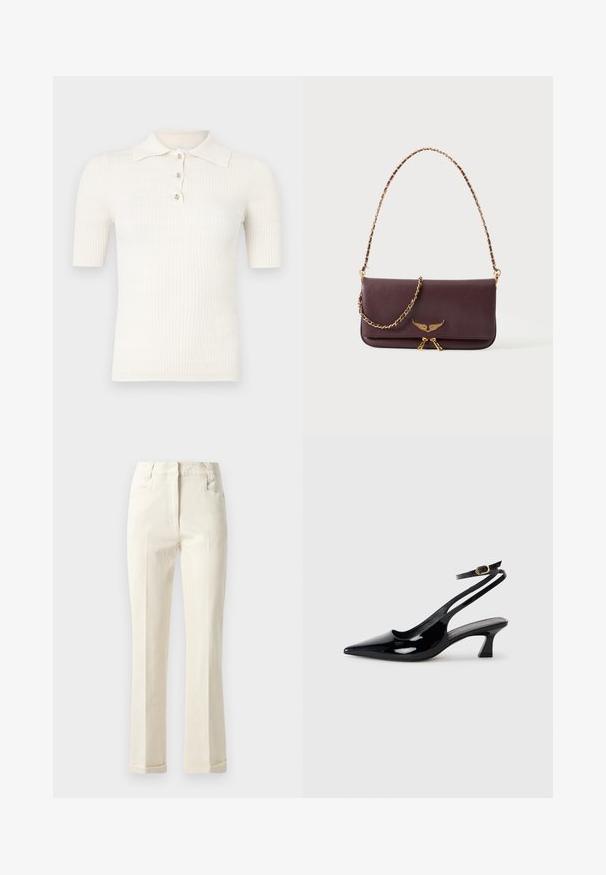 Polo crème côtelé à manches courtes, doté d'un col plat et de trois boutons décoratifs au niveau de l'encolure. Texture lisse.; Pantalons beiges à jambe droite en tissu mélangé coton, avec une taille mi-haute, des poches avant et une texture subtile à la surface.; Escarpins à brides arrière en cuir verni noir, à bout pointu, avec un petit talon carré et une sangle de cheville ajustable dotée d'une boucle dorée.; Sac à main en cuir marron foncé avec bandoulière chaîne dorée, emblème ailé doré et double fermeture éclair sur le rabat avant.
