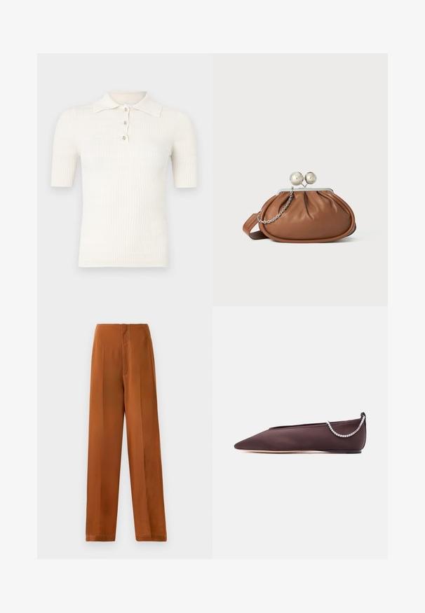 Polo crème côtelé à manches courtes, doté d'un col plat et de trois boutons décoratifs au niveau de l'encolure. Texture lisse.; Pantalons à jambes larges d'une couleur brun chaud, avec une texture lisse, une taille haute et des coutures blanches contrastantes le long des coutures.; Chaussure plate marron foncé à bout pointu avec un petit talon et un détail chaîne en strass argentée à l'arrière.; Pochette en cuir marron avec un fermoir à boule en argent et un petit détail en chaîne argentée sur fond blanc.