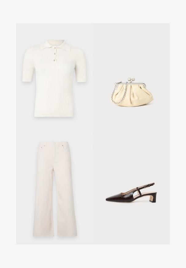Polo crème côtelé à manches courtes, doté d'un col plat et de trois boutons décoratifs au niveau de l'encolure. Texture lisse.; Pantalons en denim beige clair à jambes larges, taille haute, avec cinq poches et une fermeture à bouton à l'avant. Texture lisse, détails de couture minimalistes.; Chaussure slingback en cuir marron foncé à texture crocodile, bout pointu, talon bas bloc et bride ajustable avec boucle dorée.; Pochette en cuir beige plissé avec un cadre en métal argenté, dotée de deux fermoirs ronds décoratifs et d'une chaîne en argent.