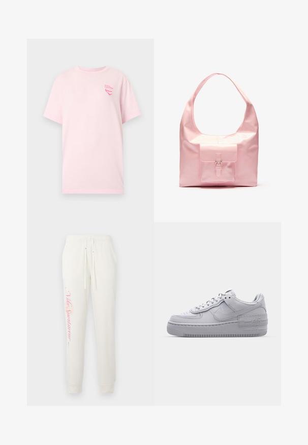 Svetloružové krátke tričko s krátkym rukávom, na ľavej strane hrudníka s malým ružovým srdcom a textom "To You Love Nike" na jednofarebnom pozadí.; Biele tepláky so zúženým strihom, s ružovým logom "Nike Sportswear" na ľavej nohe a elastickým pásom s šnúrkami.; Šedé tenisky Nike Air Force 1 s perforovanou špičkou, hladkým koženým zvrškom, hrubou podrážkou a embosovaným detailom 'AIR' na päte.; Ružová kabelka s lesklým povrchom, veľkým ramenným popruhom, predná vrecko s dekoratívnou sponou. Hladká textúra, minimalistický dizajn.