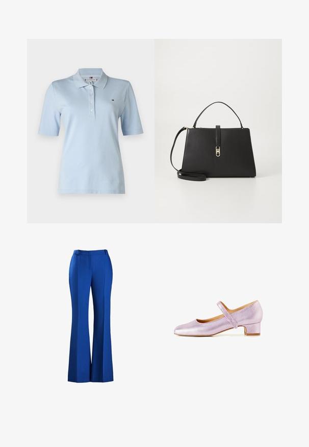 Camisa polo de color azul claro, material de algodón, de manga corta, con tapeta de tres botones, pequeño logo bordado en el pecho, diseño de cuello clásico.; Pantalones azules acampanados hechos de tejido texturizado, con una cintura ajustada y detalle de plisado en la parte delantera, adecuados para ocasiones formales o informales.; Zapatos Mary Jane en cuero metálico lila, con puntera redonda, tacón bajo tipo bloque y correa ajustable sobre el empeine, con una textura suave.; Tommy Hilfiger TH LIBRE MED SATCHEL - Bolso de mano - black