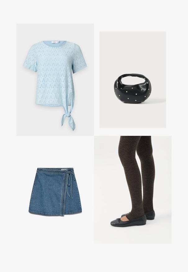 Lichtblauw kort mouwen top met oogjespatroon en ronde halslijn, voorzien van een zijstrikdetail aan de zoom.; Lichtblauwe denim wikkelrok met een strik in de taille, met een rechte snit en een gladde textuur. Geen zichtbare patronen of accenten.; Benen met donkere geribbelde leggings gecombineerd met zwarte ballerina's met kleine strikdetails op een witte achtergrond.; Zwarte leren handtas met een afgeronde vorm, versierd met zilveren studs, en een korte handgreep. Gladde textuur en ritsluiting.