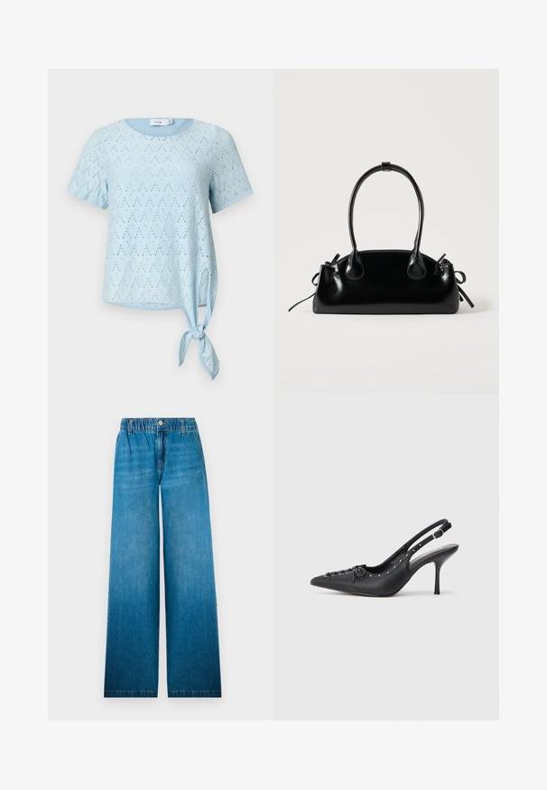 Haut bleu clair à manches courtes avec motif ajouré et encolure ronde, doté d'un détail noué sur le côté à l'ourlet.; Jean à jambes larges en denim bleu clair, dotés d'une taille élastique, d'une fermeture à bouton et d'un design droit avec un effet décoloré.; Escarpin en cuir noir à talon aiguille avec un bout pointu, une bride latérale à boucle, des clous le long du bord et un laçage décoratif à l'avant.; Petit sac à main noir brillant avec deux longues anses et des détails à cordon sur les côtés sur un fond clair uni.