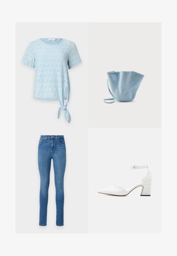 Top azul claro de manga corta con patrón de ojales y escote redondo, con un detalle de lazo lateral en el dobladillo.; Jeans ajustados en denim azul medio, con una cintura alta, diseño clásico de cinco bolsillos, ligero desgaste y una textura suave.; Zapato blanco de punta estrecha y tacón medio con correa en el tobillo y hebilla, acabado liso, y tacón ancho sobre un fondo claro liso.; Bolso tipo cubo de tela azul claro con correa larga, abertura superior ancha y costuras verticales cosidas, sobre un fondo blanco liso.