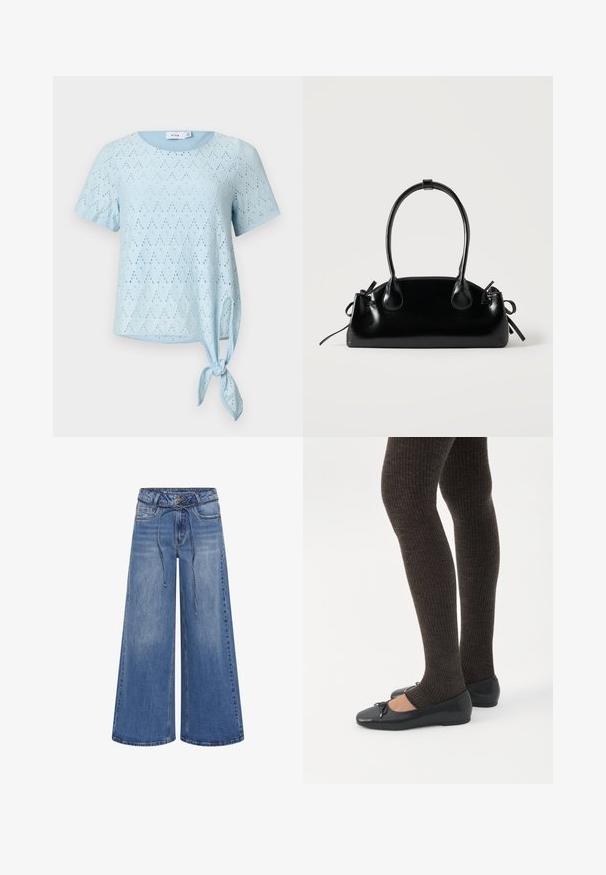 Lyseblå top med korte ærmer, hulsøm og rund halsudskæring, med en detalje af bindebånd i siden ved kanten.; My Essential Wardrobe MWKARO 144 MID XWIDE - Wide leg - medium blue wash; Ben iført mørke ribbede leggings kombineret med sorte balletsko med små sløjfedetaljer på hvid baggrund.; Lille sort blank håndtaske med to lange håndtag og snøre-detaljer i siden på en ensfarvet lys baggrund.