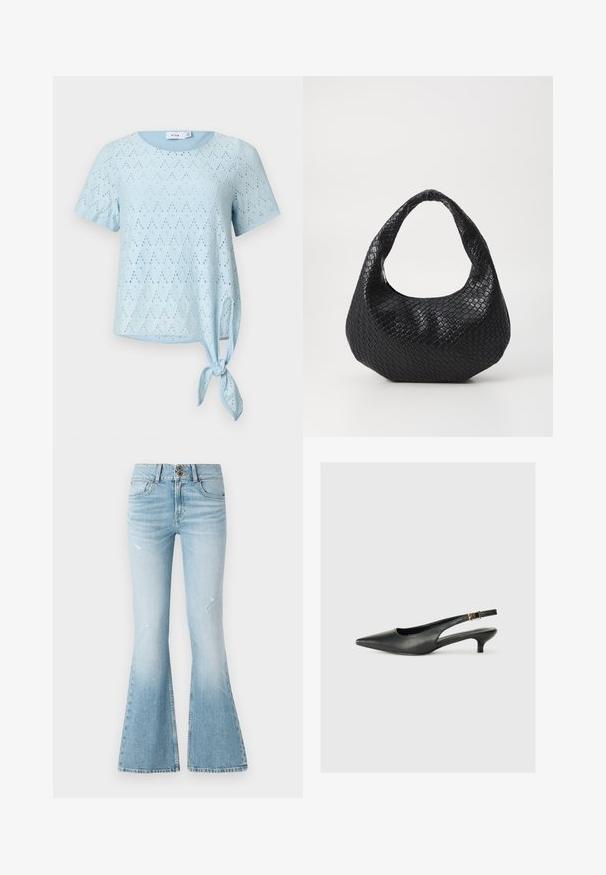Lyseblå top med korte ærmer, hulsøm og rund halsudskæring, med en detalje af bindebånd i siden ved kanten.; Lyseblå denim flared jeans med høj talje, der har diskrete slidninger, to-knaps lukning og et klassisk fem-lomme design.; Sorte spidse slingback-sko lavet af glat læder. Har en tynd hæl og en spænde detalje på den justerbare rem.; Sort flettet håndtaske med et buet håndtag, der har en struktureret overflade og en afslappet form. Glat finish med en organisk silhuet.