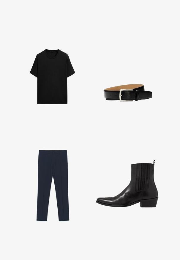 Schwarz kurzärmliges T-Shirt aus Baumwolle mit Rundhalsausschnitt und lässiger Passform. Keine Muster oder Akzente sichtbar.; Marineblaue formelle Hose mit maßgeschneidertem Design, glatter Textur und zwei Vordertaschen, mit klaren Linien und geradem Schnitt.; Schwarze Leder- ankle boot mit spitzem Zehenbereich, elastischen Seitenpaneelen, vertikalen Steppnähten und einem niedrigen Blockabsatz.; Schwarzer Ledergürtel mit silberner rechteckiger Schnalle, sichtbar genähten Kanten und mehreren Anpassungslöchern auf beigem Innenfutter.