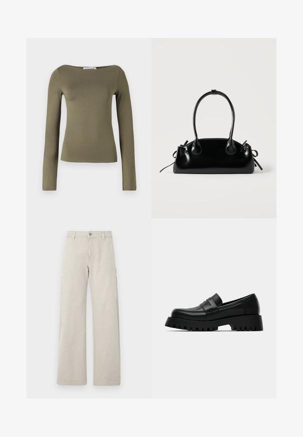 Haut à manches longues vert olive au design ajusté, fabriqué à partir d'un tissu lisse et extensible, avec un large col et des coutures minimales.; Pantalons cargo beiges avec une coupe droite et large, dotés de poches latérales et d'une fermeture à bouton, fabriqués en coton robuste.; Mocassin en cuir noir avec une semelle épaisse, présentant une finition lisse et des détails de couture subtils. La semelle comprend des rainures profondes pour une meilleure adhérence.; Petit sac à main noir brillant avec deux longues anses et des détails à cordon sur les côtés sur un fond clair uni.