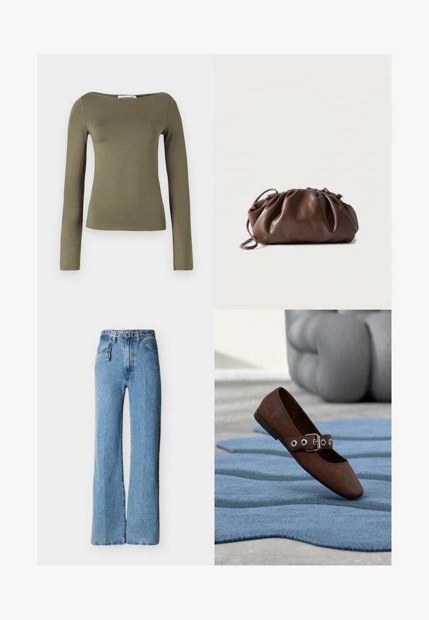 Haut à manches longues vert olive au design ajusté, fabriqué à partir d'un tissu lisse et extensible, avec un large col et des coutures minimales.; Jean denim bleu clair taille haute avec jambes larges, cinq poches, et une ceinture en denim assortie avec œillets en métal et boucle.; Chaussure plate en daim marron avec bride à boucle reposant sur un tapis bleu texturé, avec un meuble gris capitonné en arrière-plan.; Sacoche en cuir marron doux avec un haut froncé et une fine bandoulière, posée sur un fond blanc.