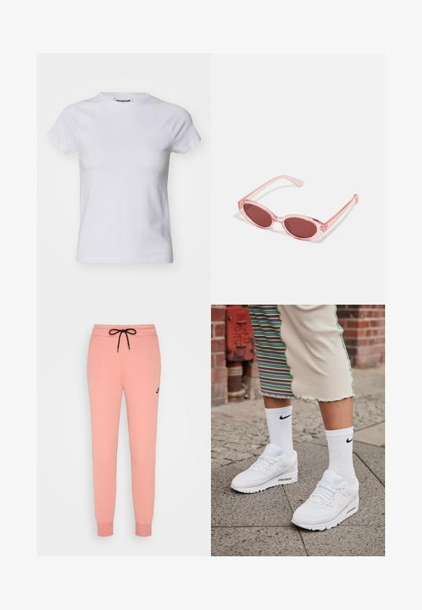 Noisy May NMKATINKA - Camiseta básica - bright white; Pantalones deportivos rosas ajustados con cordón negro, bolsillos laterales, puños en los tobillos y pequeño logo negro de Nike en la parte superior del muslo.; Zapatillas Nike Air Max 90 blancas con parte superior de malla y cuero, que cuentan con una unidad de aire visible, combinadas con calcetines blancos con relieve y logotipo negro.; Gafas de sol transparentes rosas con lentes ovalados, tinte rojo oscuro y varillas delgadas, con un acabado suave y detalles sutiles en la montura.