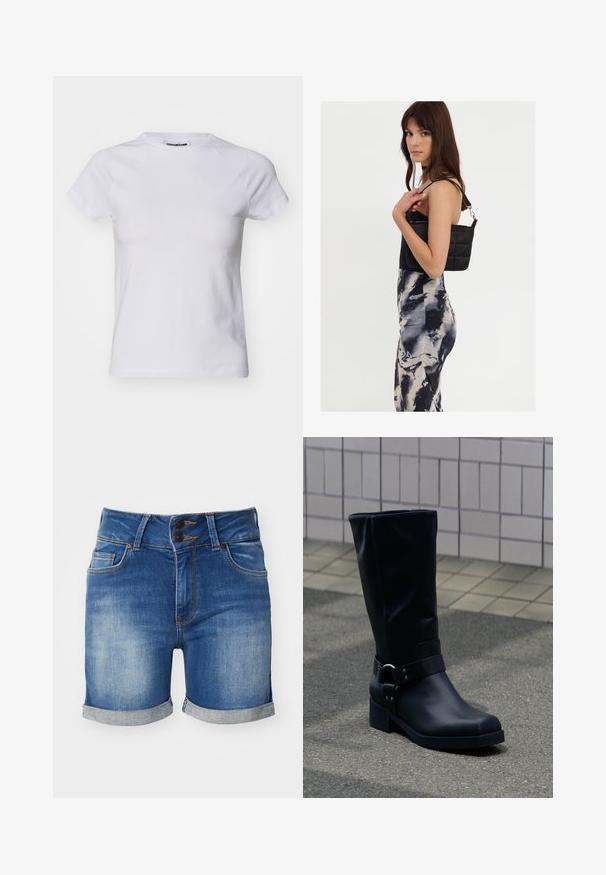 Noisy May NMKATINKA - Lihtne T-särk - bright white; Denim lühikesed püksid helesinisest tumedani sinise gradatsiooniga, kahekordse nupuga kinni, kokku keeratud servadega ja esipocketitel kontrastse õmblusega.; Must nahktõlvik keskmise vasikaosa kõrgusega, madala plokksanga ja kaunistava metallkinnitusega rihmaga ümber pahkluu, plaaditud kõnniteel.; Mustast tepitud õlakotist, millel on üks rihm ja hõbedane riistvara, koos mustri ja koorevärvi triibulise kleidiga, mis on kehakujuline.