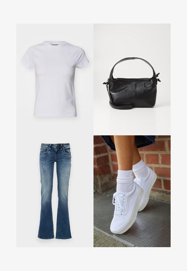 Noisy May NMKATINKA - T-shirts basic - bright white; Denim jeans med flair i mellemblå med udskudte områder og slidte detaljer. Har fem lommer og lynlås med knaplukning.; Hvide lærreds sneakers med gummisåler, der har seks snørehuller, rund tå og let sømdetaljer, krydret med hvide ankelstrømper.; Sort læderhåndtaske med et struktureret design, rund tophåndtag og aftagelig skulderrem. Den har en glat tekstur og en subtil glans.