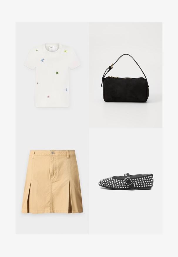 Hvid t-shirt med korte ærmer med små farverige broderede blomster- og bladmønstre spredt foran.; Beige knælang nederdel med bærestropper, knaplukning foran, to forreste folder og synlige syninger på ensfarvet baggrund.; Sort flad sko med rund tå, nitterdesignet med metalliske accenter og en spænde-rem over vristen.; Sort ruskinds taske med en rund form, top lynlås lukning, kort håndtag og en dekorativ frynsedetalje. Glat tekstur med minimal hardware.