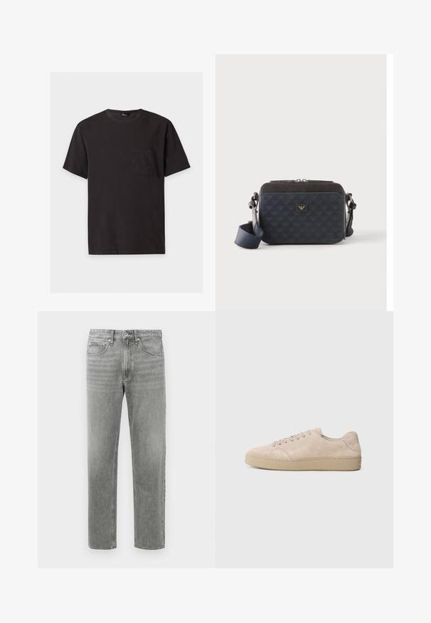 Zwart T-shirt met korte mouwen en ronde hals met een klein borstzakje aan de linkerkant, weergegeven op een lichtgrijze achtergrond.; Grijze denim jeans met een rechte pijp, voorzien van een klassiek vijf-pocket ontwerp en subtiele vervaging voor textuur. Standaard ritsopening.; Beige suede sneaker met een ronde neus, platte veters en een gestructureerde rubberen zool. Minimalistisch ontwerp met gladde randen en subtiele stiksels.; Rechthoekige donkerblauwe crossbodytas met verstelbare riem, ritssluiting en subtiel logopatroon op het voorpaneel.