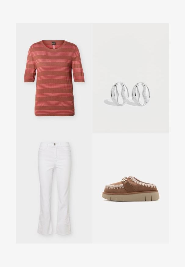 Brun kortærmet sweater med vandrette lyserøde striber, rund halsudskæring, ribbede ærmeender og kant samt lille broderet logo nær kanten.; Hvide denimjeans med mellemhøj talje, forreste knap og lynlås, fem lommer og diskret blomsterbroderi nær de udvidede benender.; Brun ruskind slip-on sko med en beige gummisål, kontrasterende flettet detalje på toppen og en dekorativ spændeaccent.; Par af skinnende sølv hængende øreringe med et snoet, bølget design, vist på en ensfarvet lys baggrund.