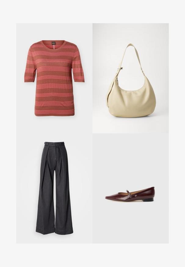 Brun kortærmet sweater med vandrette lyserøde striber, rund halsudskæring, ribbede ærmeender og kant samt lille broderet logo nær kanten.; Bredde ben sorte denimbukser med høj talje, der har frontfolder og en klassisk lynlås lukning. Sprød, glat tekstur med en ren finish.; Burgundyrød patenteret lædersko med spids tå og en dekorativ rem over vristen. Har en lav sort hæl.; Beige læder skuldertaske med en buet form, justerbar rem og præget logo detalje, der har en glat tekstur og minimalistisk design.