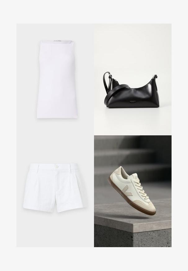 Witte mouwloze top van ribstof. Heeft een rechte snit en een brede ronde hals. Soepele textuur zonder zichtbare patronen of accenten.; Witte linnen shorts met plooien, een knoopsluiting en zijzakken. Heeft een tailormade snit en een gladde textuur.; Witte en beige sneaker met gumzool die boven een grijze betonnen vloer zweeft, met wazige trappen op de achtergrond.; Zwarte leren handtas met een gladde textuur. Beschikt over een verstelbare schouderband en een strak, minimalistisch ontwerp met een ritssluiting.