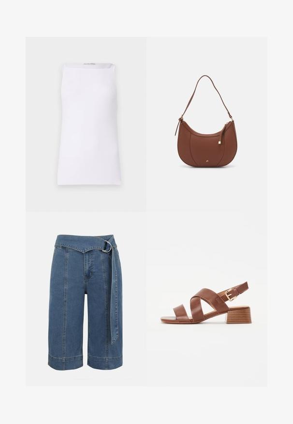 Haut sans manches blanc en tissu côtelé. Présente une coupe droite et un décolleté large en forme de bateau. Texture lisse sans motifs ni accents visibles.; Short en jean bleu à jambes larges avec des détails de coutures sur le devant et une ceinture en tissu assortie avec boucle en D argentée.; Sandales à talons en cuir marron avec un design à brides croisées et une fermeture à boucle, dotées d'un talon bloc et d'une finition lisse et texturée.; Sac à épaule en faux cuir brun, de forme arrondie, avec des coutures minimales et un accent en matériel doré. Il possède une fermeture zippée sur le dessus et une sangle réglable.