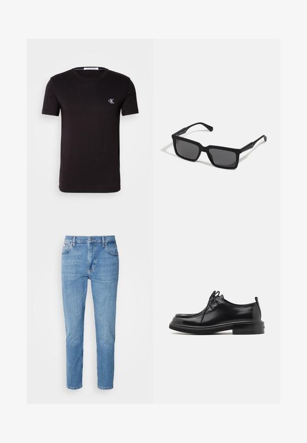 Camiseta negra de manga corta con cuello redondo, con pequeño logo blanco "cK" en el pecho izquierdo y etiqueta Calvin Klein Jeans en el interior del cuello.; Vaqueros de mezclilla azul claro con corte recto, diseño de cinco bolsillos y un sutil desgastado. Presentan un cierre de botón y pasadores para cinturón.; Calvin Klein LACE UP APRON BRUSH OFF - Zapatos de vestir - black; Gafas de sol negras con lentes rectangulares, acabado mate, montura gruesa y brazos delgados con un discreto detalle de marca.