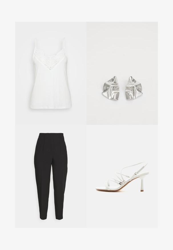 Débardeur blanc à fines bretelles, avec un décolleté en V en dentelle et une texture lisse. Forme simple et ajustée sans motifs supplémentaires.; Des pantalons noirs ajustés présentent une taille haute, des plis avant, des jambes fuselées et une texture lisse. Fabriqués dans un tissu léger, sans fermetures visibles.; Sandale blanche à talons hauts avec fines brides, accents argentés, bout carré et talon fin de hauteur moyenne sur fond blanc uni.; Boucles d'oreilles en métal argenté avec un design ondulé et sculptural, présentant une finition polie et des formes irrégulières, mettant en valeur une esthétique contemporaine.