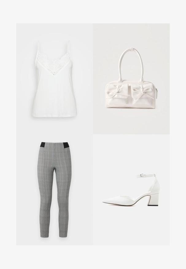 Hvid cami-top med tynde stropper, der har et blonde V-halsdesign og glat tekstur. Enkel, tætsiddende form uden yderligere mønstre.; Grå ternede leggings med en tætsiddende pasform, der har en sort elastisk talje og sidelommer. Tekstureret stof med et ternet mønster.; Hvid spids tå sko med mellemhøj hæl, ankelrem og spænde, glat finish og blokhælkappe på en ensfarvet lys baggrund.; Hvid syntetisk håndtaske med to forlommer, hver med en bundet sløjfedetalje. Glat tekstur, afrundede håndtag og lynlås lukning.