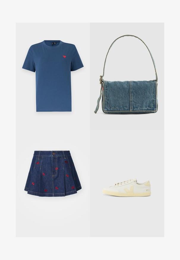 Camiseta azul de manga corta con cuello redondo y un pequeño emblema de corazón rojo en el lado izquierdo del pecho, sobre un fondo blanco liso.; Falda de mezclilla con pliegues y un lavado oscuro, con detalles de mariposas bordadas en rojo y un clásico diseño de cinco bolsillos con cierre de botón frontal.; Zapatillas deportivas de cuero blanco con un acento beige en el lateral y el talón, con una suela de goma texturizada y diseño de puntera redonda.; Bolso de hombro de denim con un diseño plegable, color azul claro, costuras visibles, correa ajustable y un acento de etiqueta lateral.