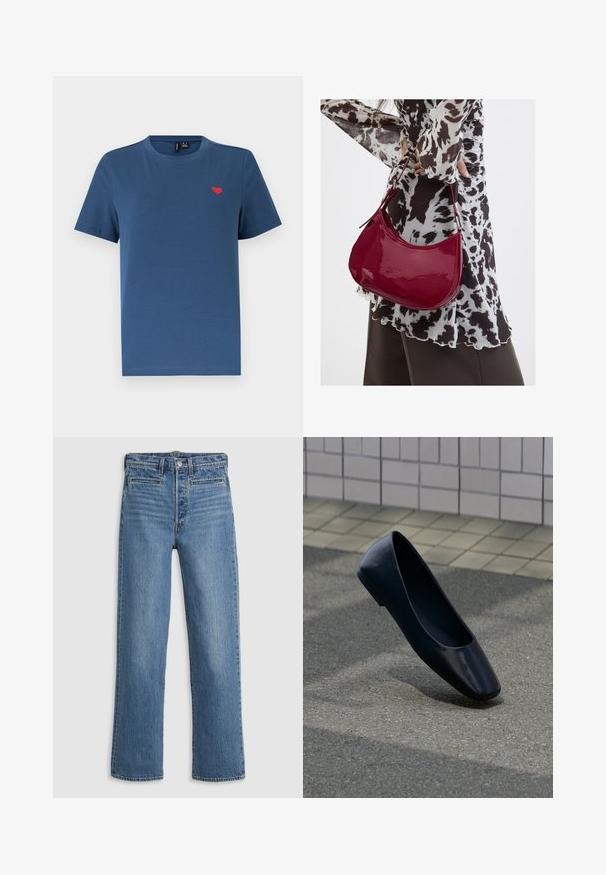 Blå kortærmet T-shirt med rund hals og et lille rødt hjerteemblem på venstre bryst mod en ensfarvet hvid baggrund.; Lys blå, lige ben jeans lavet af denim. Funktioner inkluderer en knaplukning, fem lommer og diskret slid. Ingen udsmykninger eller mønstre.; Sort læder flad sko, stående opret på en asfaltbelægning nær en flisebelagt fortovskant.; Kvinde iført en sort- og hvidmønstret bluse, der holder en blank rød skuldertaske mod en ensfarvet baggrund.