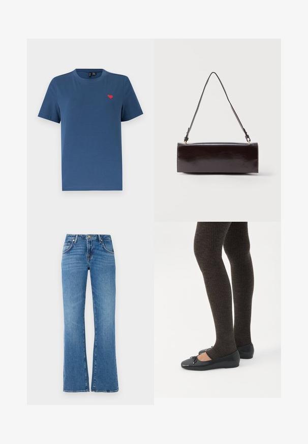 Blauw T-shirt met korte mouwen en ronde hals, met een klein rood hartembleem op de linkerborst, tegen een effen witte achtergrond.; Lichtblauwe denim jeans met een flared leg ontwerp, voorzien van vijf zakken, een knoop- en ritssluiting, en subtiele whiskering patronen.; Benen met donkere geribbelde leggings gecombineerd met zwarte ballerina's met kleine strikdetails op een witte achtergrond.; Rechthoekige zwarte leren handtas met een enkele lange schouderband en een glanzende afwerking, weergegeven tegen een effen witte achtergrond.
