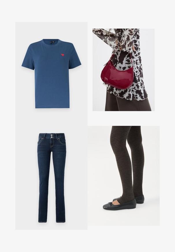Blå kortærmet T-shirt med rund hals og et lille rødt hjerteemblem på venstre bryst mod en ensfarvet hvid baggrund.; Mørkeblå skinny jeans med dobbeltknaplukning, frontlommer og gule syninger på hvid baggrund.; Ben iført mørke ribbede leggings kombineret med sorte balletsko med små sløjfedetaljer på hvid baggrund.; Kvinde iført en sort- og hvidmønstret bluse, der holder en blank rød skuldertaske mod en ensfarvet baggrund.
