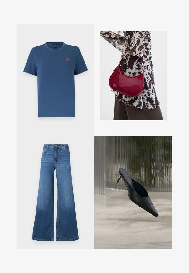 Blå kortærmet T-shirt med rund hals og et lille rødt hjerteemblem på venstre bryst mod en ensfarvet hvid baggrund.; Bredde bukser i blå denim med høj talje, forlommer og en ren søm. Ingen synlige mønstre eller pyntegeler.; Sort mule sko med spids tå og tynd høj hæl, der svæver over en glat beton gulv med en sløret baggrund med lodrette striber.; Kvinde iført en sort- og hvidmønstret bluse, der holder en blank rød skuldertaske mod en ensfarvet baggrund.