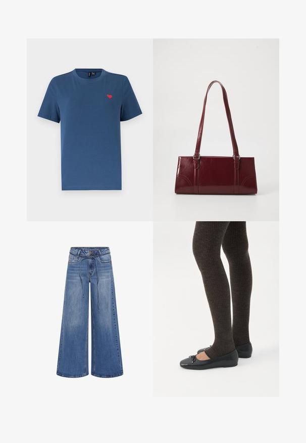 T-shirt bleu à manches courtes et col rond avec un petit emblème en forme de cœur rouge sur le côté gauche de la poitrine, sur un fond blanc uni.; My Essential Wardrobe MWKARO 144 MID XWIDE - Wide Leg - medium blue wash; Jambes portant des leggings côtelés foncés associés à des ballerines noires avec de petits détails en nœud sur fond blanc.; Sac à main bordeaux en matériau brillant, de forme rectangulaire, avec deux anses et des accents légèrement courbés à l'avant.
