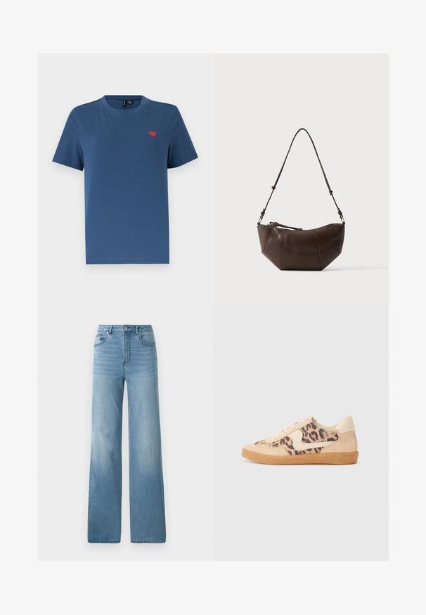 Blå kortærmet T-shirt med rund hals og et lille rødt hjerteemblem på venstre bryst mod en ensfarvet hvid baggrund.; Lyseblå højtaljede jeans med lige ben. Fremstillet af denim, med fem lommer og knaplukning.; Leopardprint sneakers med beige ruskindsoverdel, tan gummisål og hvide detaljer. Rund pegefinger og snørebåndsdesign med en tekstureret finish.; Brun læder skuldertaske med buet bund og justerbar rem mod en ensfarvet lys baggrund.