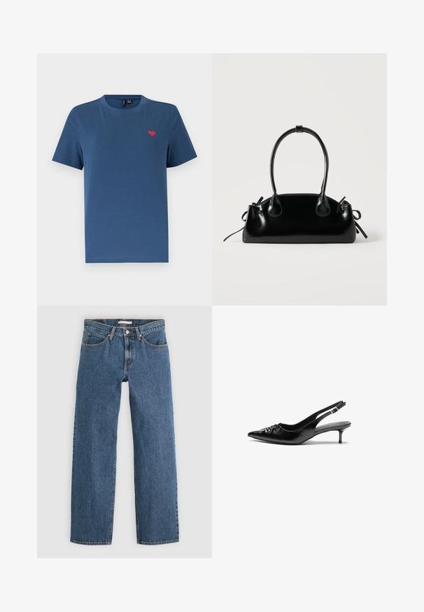 Blå kortærmet T-shirt med rund hals og et lille rødt hjerteemblem på venstre bryst mod en ensfarvet hvid baggrund.; Blå denim jeans med lige pasform, der har fem lommer, knaplukning og kontrastsyninger langs sømmene.; Sorte læder slingback-pumps med spids tå, lav kitten-hæl og rynket detalje på overdelen. Glat tekstur og minimalistisk design.; Lille sort blank håndtaske med to lange håndtag og snøre-detaljer i siden på en ensfarvet lys baggrund.