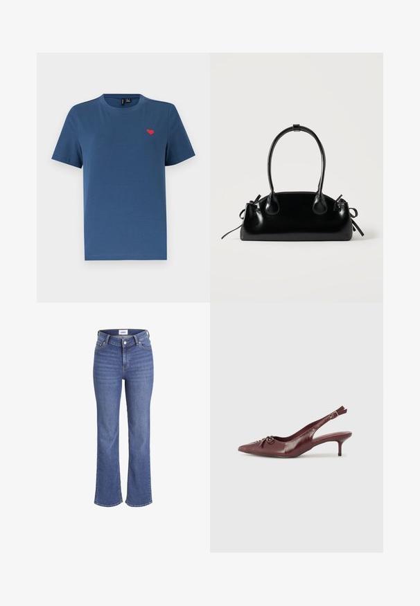Blå kortærmet T-shirt med rund hals og et lille rødt hjerteemblem på venstre bryst mod en ensfarvet hvid baggrund.; Mørkeblå jeans i denim med høj talje, brede ben og et traditionelt fem-lomme design. Har synlig syning og lukning med en frontknap.; Bordeaux læder slingback hæl med spidse tå, justerbar rem og dekorativ sløjfedetalje foran. 7,5 cm hælhøjde.; Lille sort blank håndtaske med to lange håndtag og snøre-detaljer i siden på en ensfarvet lys baggrund.