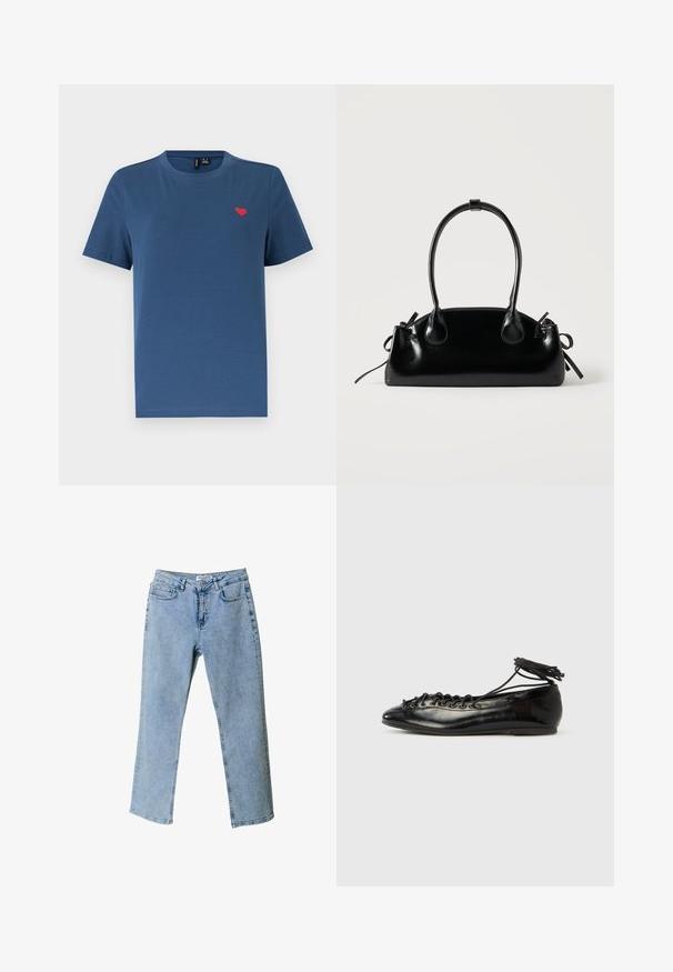 Blaues T-Shirt mit kurzen Ärmeln und Rundhalsausschnitt, mit einem kleinen roten Herz-Emblem auf der linken Brust, vor einem schlichten weißen Hintergrund.; Helle blaue Denim-Jeans mit geradem Bein, fünf Taschen und einem Etikett am Bund. Sie weisen ausgebleichte Bereiche für eine Struktur auf.; Schwarze Ballerinas aus Lackleder mit runder Spitze, Schnürdesign und flacher Sohle. Glatte Textur mit minimaler Verzierung.; Kleine schwarze glänzende Handtasche mit zwei langen Griffen und seitlichen Kordelzug-Details vor einfachem hellem Hintergrund.