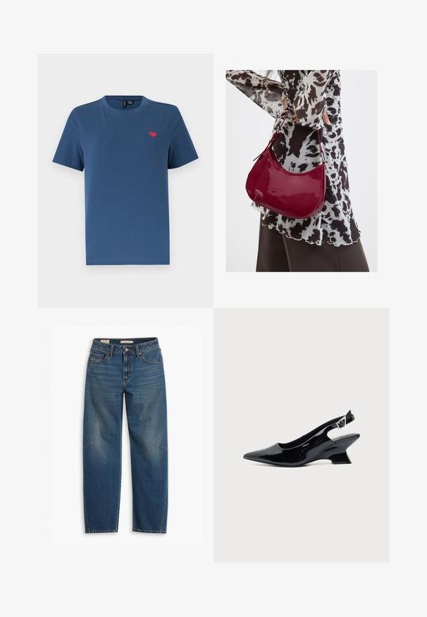 Blauw T-shirt met korte mouwen en ronde hals, met een klein rood hartembleem op de linkerborst, tegen een effen witte achtergrond.; Blauwe denim jeans met een relaxte pasvorm, voorzien van een hoge taille, rechte pijpen, zichtbare stiksels en een kleine accent op de linkerknee.; Zwarte lakleren slingback schoen met spitse neus en lage schuine blokhak op een effen lichte achtergrond.; Vrouw met een zwart-wit gebloemde blouse houdt een glanzende rode schoudertas vast tegen een effen achtergrond.