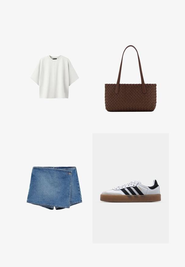 Enkelt hvid oversized kortærmet skjorte med rund hals og central lodret søm på en ensfarvet hvid baggrund.; Denimshorts i mellemblå med et unikt overlapningsdesign. Har en lynlåslukning og en lille logoaccent på taljen.; Hvide lædersneakers med sorte striber, gummirubber sål, rund tå, snørelukning og blød grå ruskinds tåhætte.; Brun læderhåndtaske med et vævet teksturmønster, med to lange, slanke håndtag til skulderbæring.