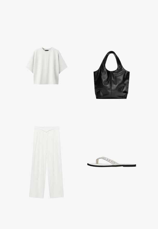 Chemise blanche unie oversize à manches courtes avec un col rond et une couture verticale centrale sur un fond blanc uni.; Pantalon blanc à jambes larges avec une taille haute, dotés d'une ceinture à nouer, d'une texture douce et de plis avant pour plus de structure. Design minimal.; Sandale flip-flop plate blanche avec des fines brides présentant des détails découpés et une semelle noire.; Sac fourre-tout en cuir noir avec une texture lisse, un haut arrondi doux et de larges poignées. Présente une couture minimale et une silhouette décontractée.