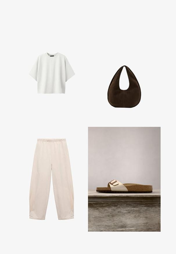 Einfarbiges weißes oversized Kurzarmhemd mit rundem Ausschnitt und zentraler vertikaler Naht auf weißem Hintergrund.; Hosen mit elastischem Bund in Hellbeige. Aus weichem Stoff gefertigt, mit Seitentaschen und einem entspannten, lockeren Schnitt. An den Knöcheln schmal zulaufend.; Slide-Sandale mit einem leichten metallischen Obermaterial, Korkfußbett und strukturiertem braunem Gummisohle. Schnalle mit Logo-Akzent.; Dunkelbraune Wildleder-Handtasche in Halbmondform mit einem breiten Riemen und glatter Textur vor weißem Hintergrund.
