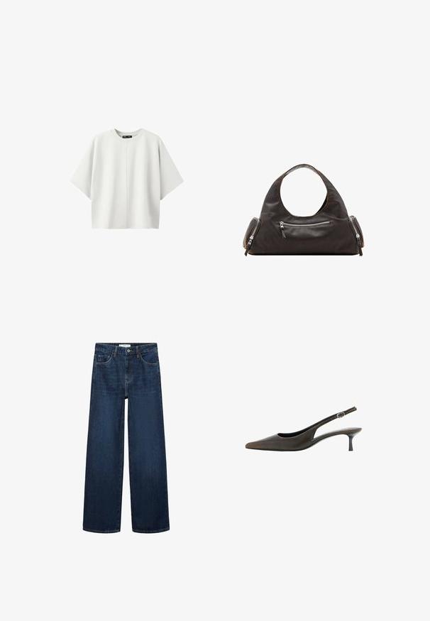 Effen wit oversized kortemouwenoverhemd met ronde hals en centrale verticale naad op een effen witte achtergrond.; Brede donkerblauwe denim jeans met hoge taille, voorzien van vijf zakken en een klassieke knoopsluiting. Glad textuur en rechte snit.; Zwarte leren slingback met puntige neus, lage kittenhak en een klein verstelbaar gespsluiting.; Zwarte leren handtas met een afgeronde bovenkant handvat, twee zijvakken met ritsen en een gladde textuur. Licht slappe vormgeving.